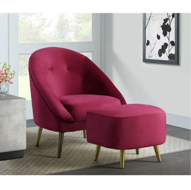 Luxury Velvet Barrel Lounge Chair and Matching Ottoman Set in Royal Berry