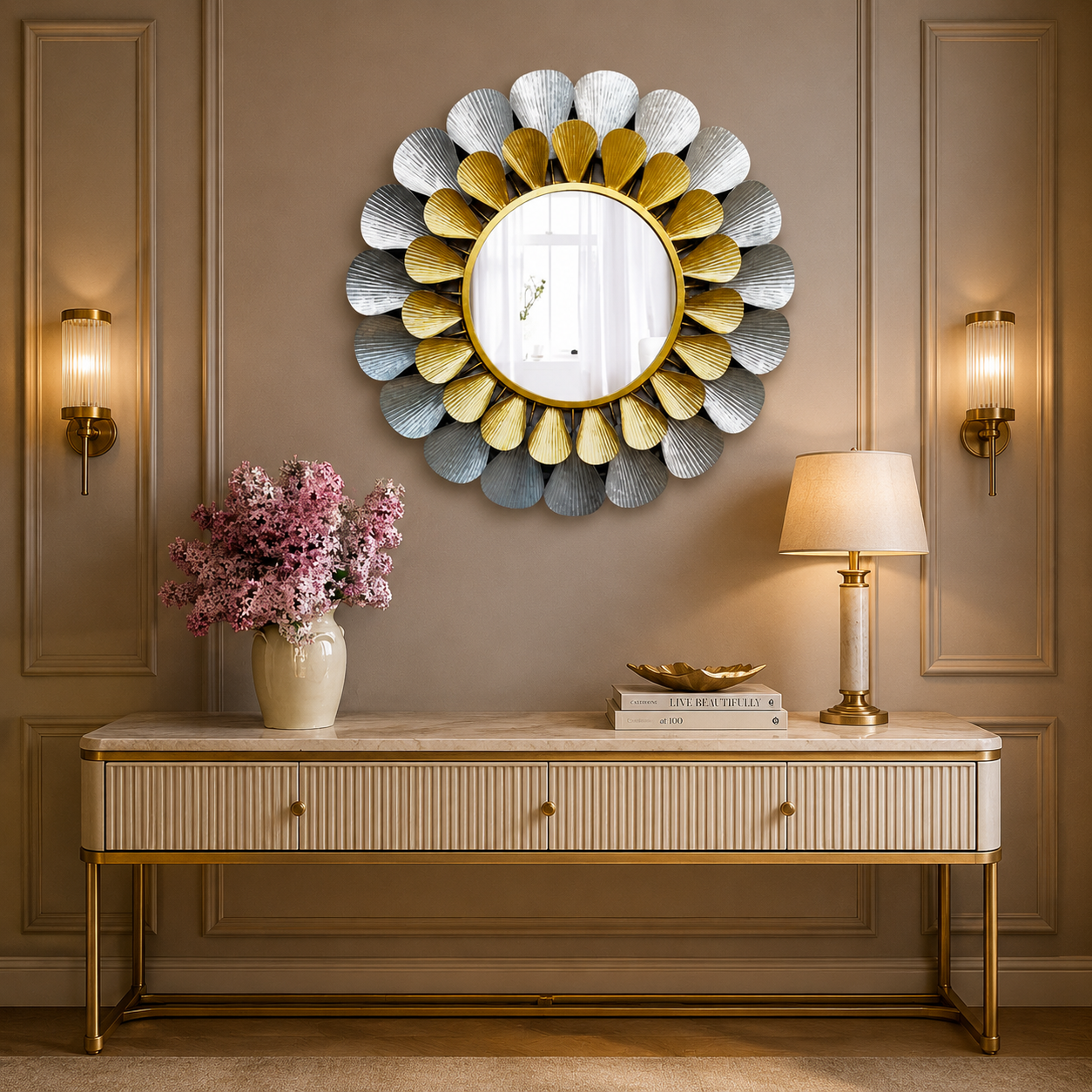 Blooming Petals Luxury Gold Wall Mirror – Handcrafted Floral Accent Mirror