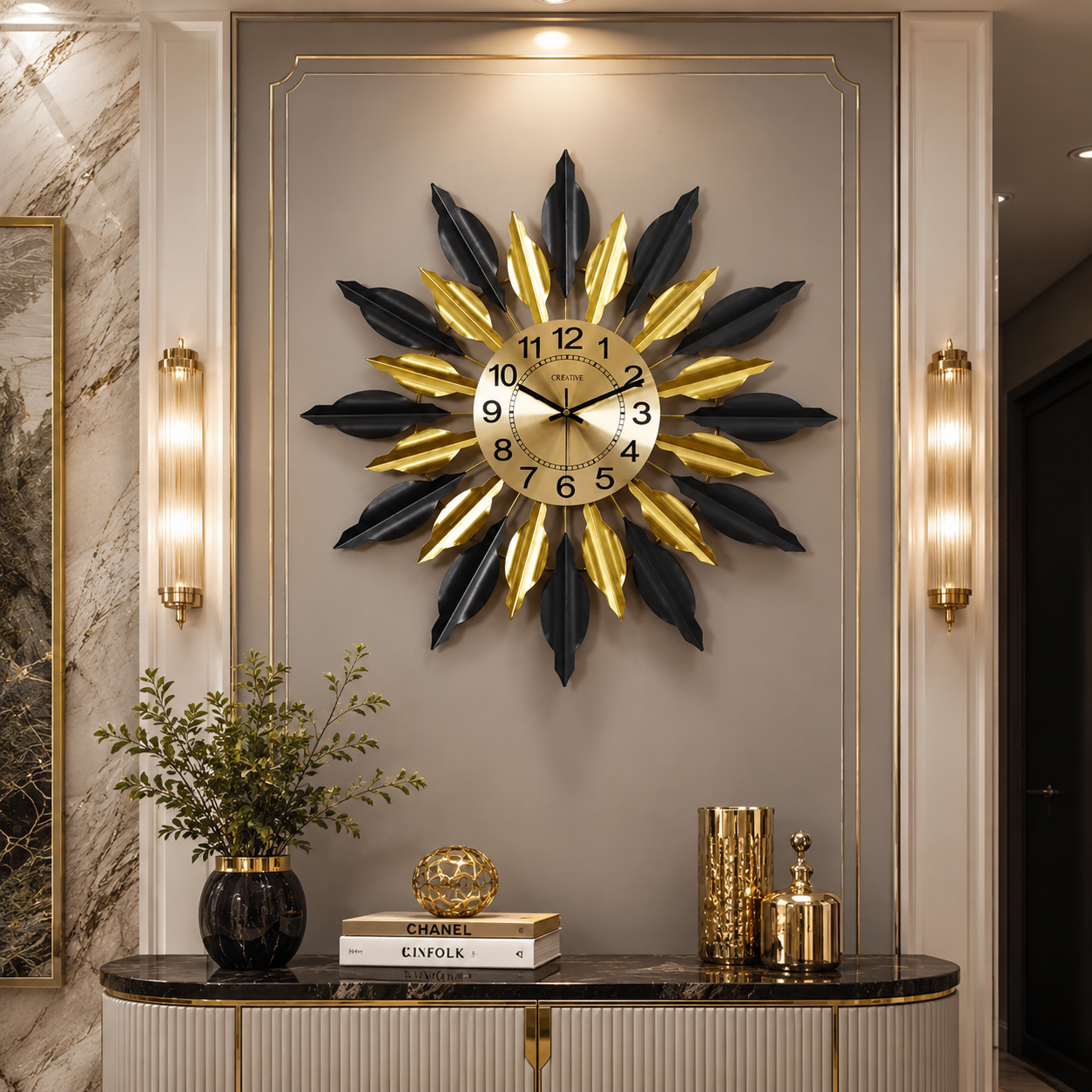 Celestial Sunburst Luxury Metal Wall Clock – Black & Gold Designer Statement Timepiece