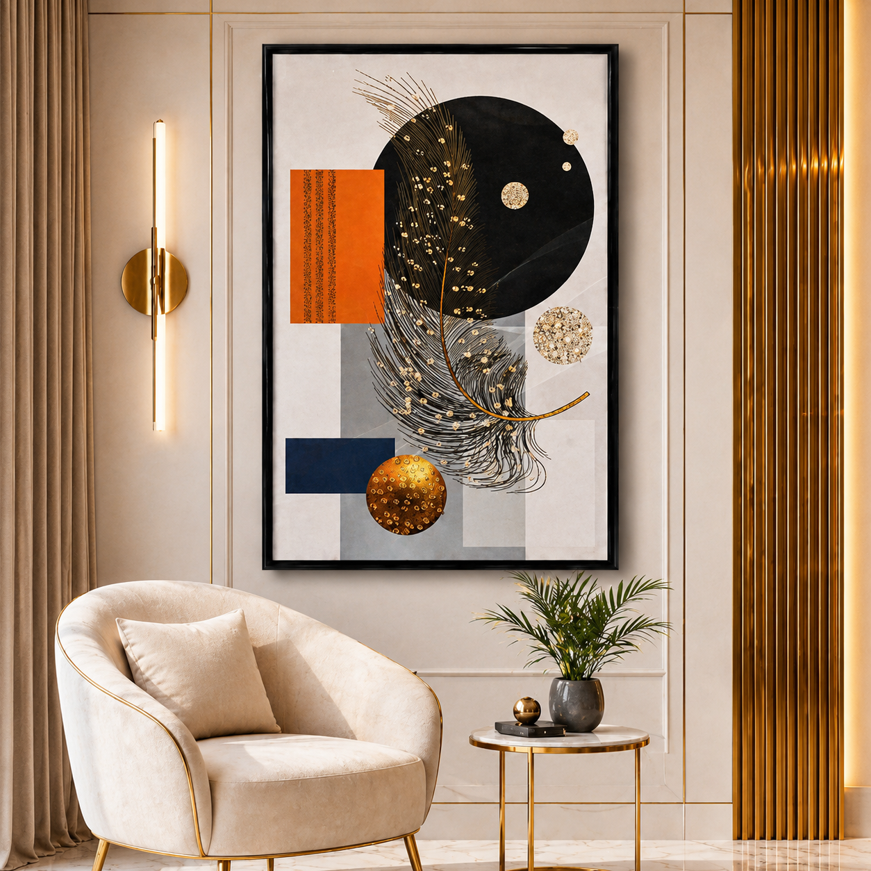 Modern Abstract Geometric Crystal Wall Art | Black & Gold Luxury Frame Decor