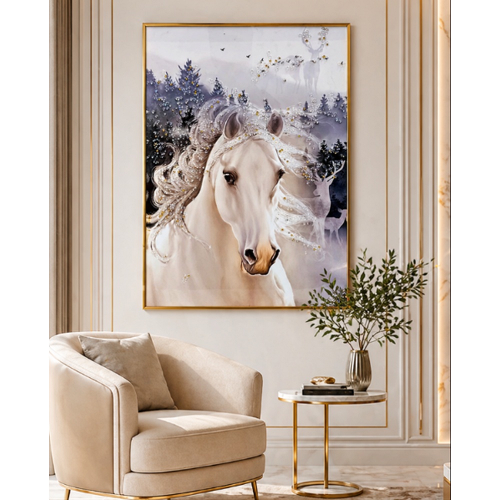 Ethereal White Horse Crystal Embellished Wall Art | Luxury Crystal Painting