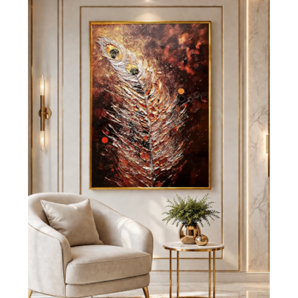 Luxury Abstract Feather Crystal Wall Art | Gold & Copper Textured Statement Frame