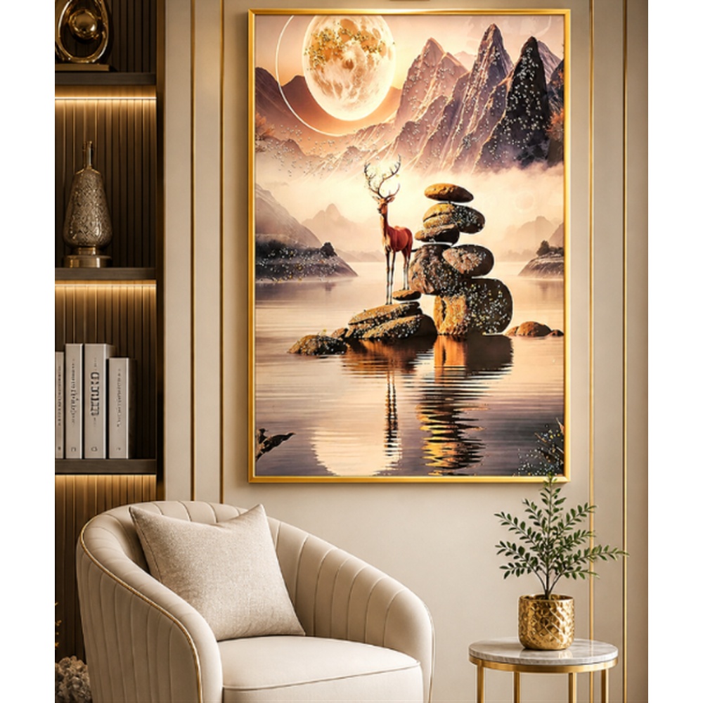 Celestial Harmony Crystal Art – Luxury Deer & Moon Landscape Wall Painting