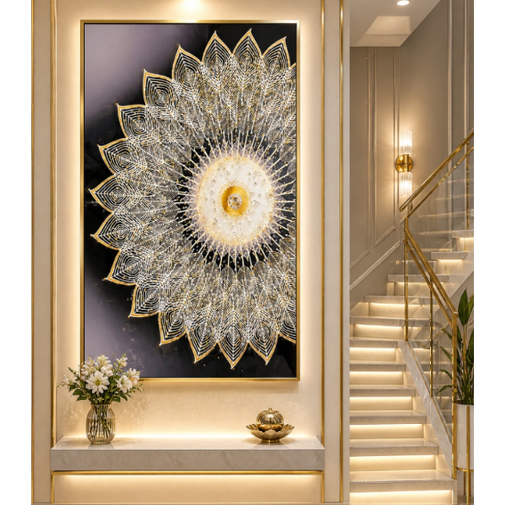 Luxury Crystal Mandala Wall Art – Gold Framed Modern Spiritual Statement Painting for Elegant Interiors