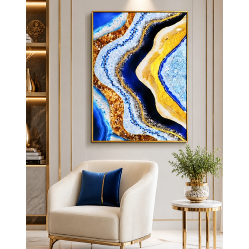 Azure Luxe Geode Crystal Wall Art – Modern Gold & Sapphire Elegance
