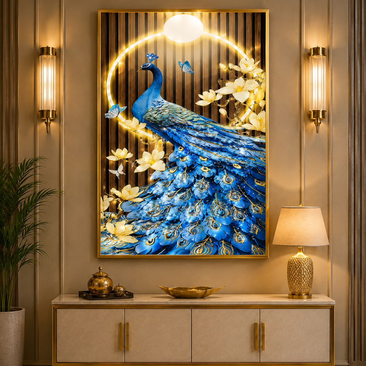 Luxury LED Crystal Peacock Wall Art – Gold-Framed Modern Canvas Painting | Premium Decorative Home Décor
