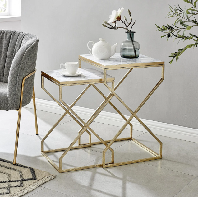 Luxury Nesting Side Table Set of 2 | Gold Metal Frame with Marble-Finish Top | Modern End Tables for Living Room & Bedroom