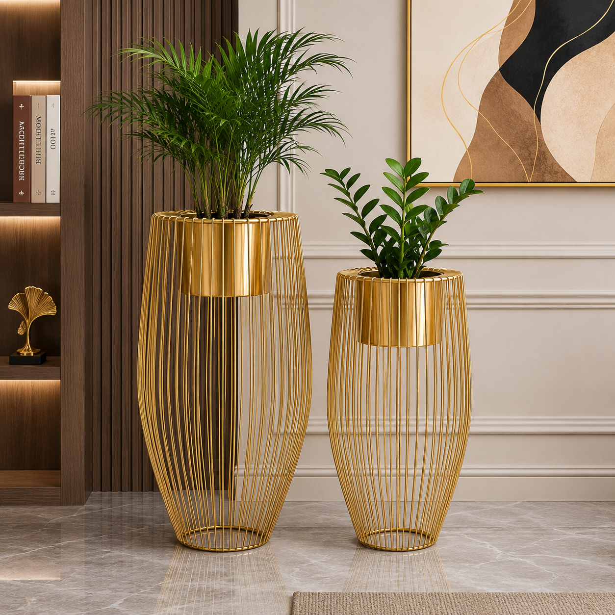 Luxury Gold Wire Frame Planter Stand Set of 2 – Modern Decorative Floor Plant Holders for Elegant Home Décor