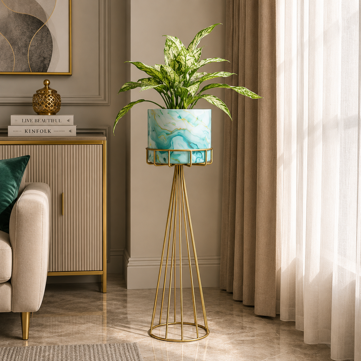 Luxury Gold Metal Planter Stand Set of 2 – Modern Designer Floor Plant Holders for Elegant Home Décor