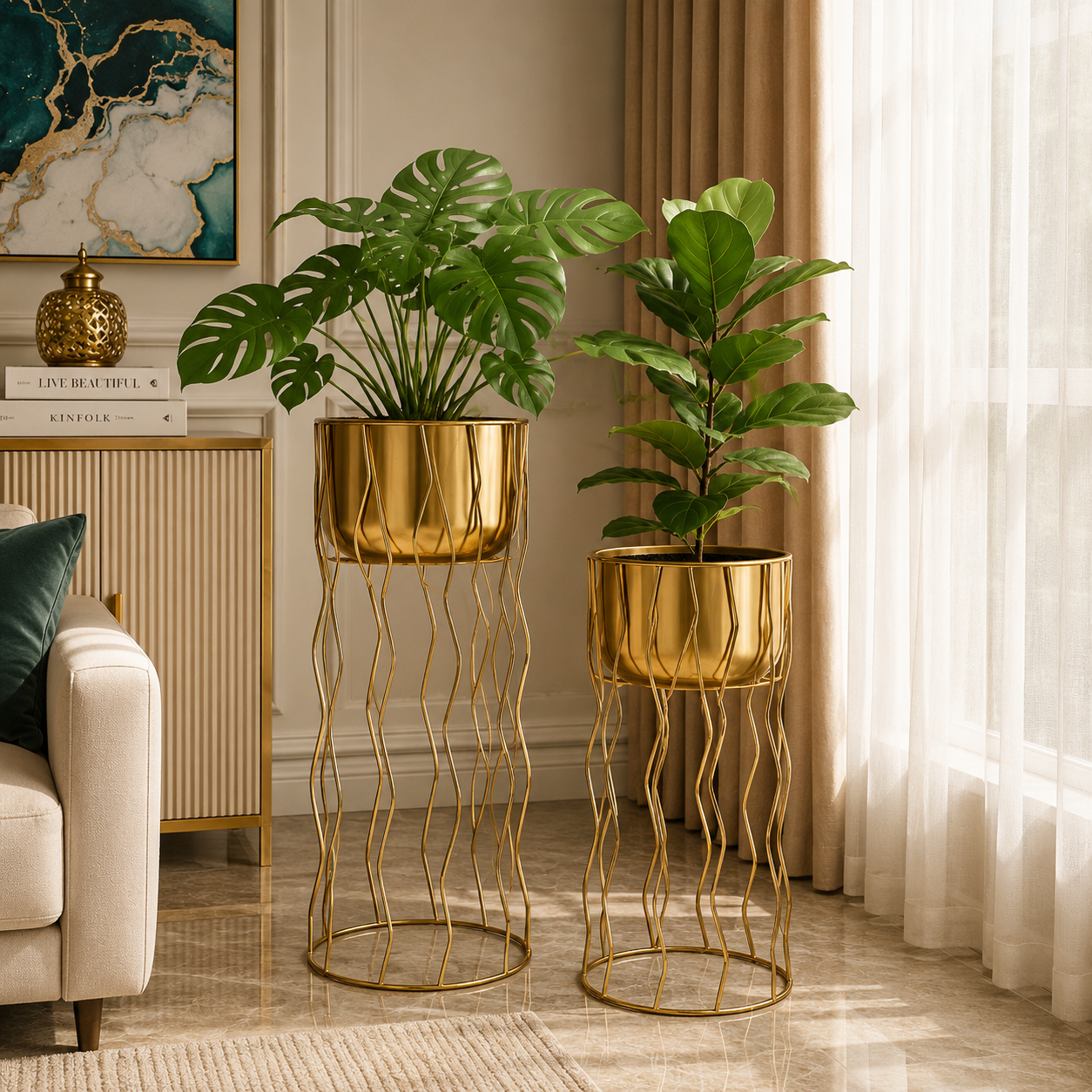 Luxury Gold Wave Metal Planter Stand Set of 2 – Modern Decorative Floor Plant Holders for Elegant Home Décor