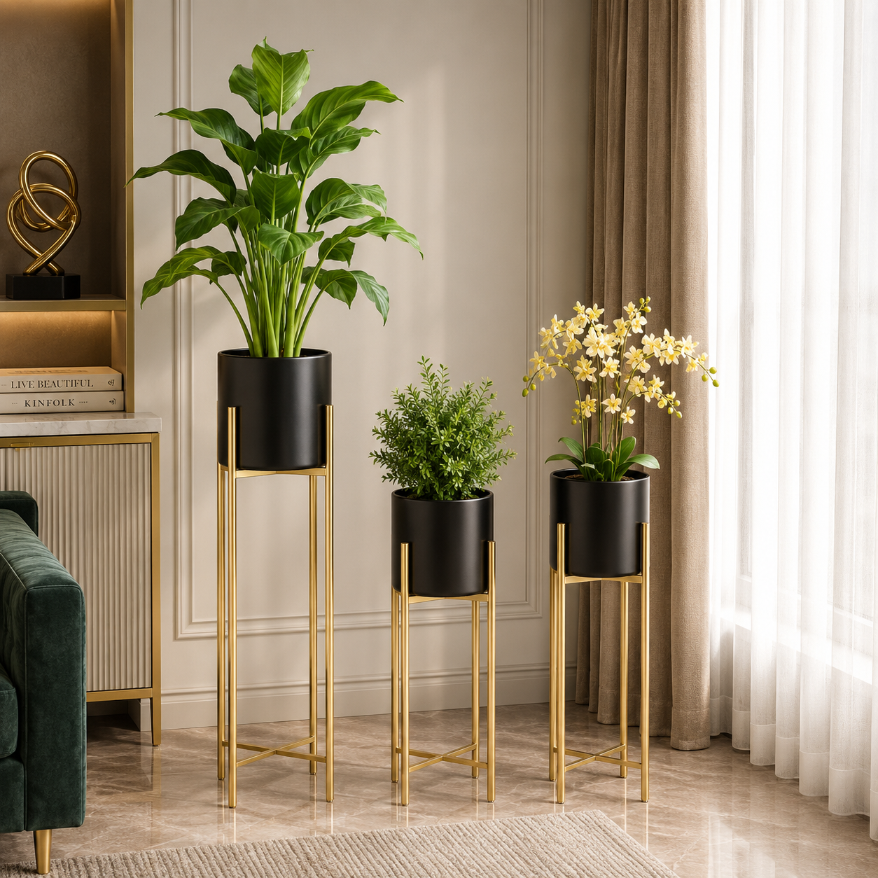 Luxury Metal Planter Stand Set of 3 – Modern Black & Gold Floor Plant Holders for Elegant Home Décor