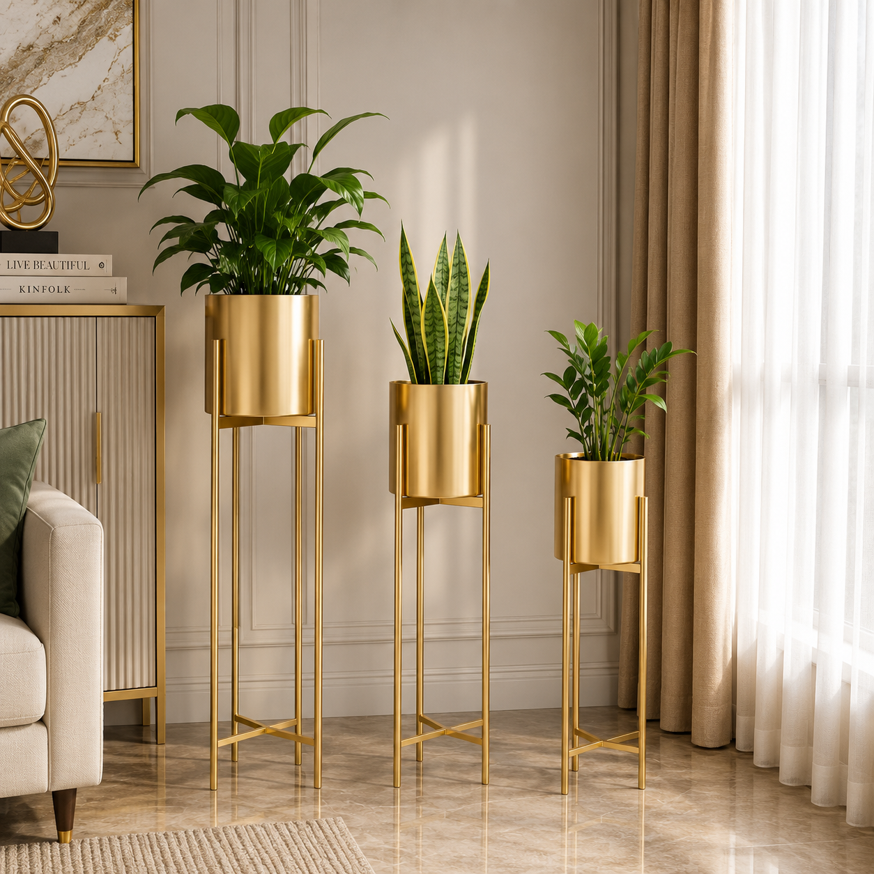 Luxury Metal Planter Stand Set of 3 – Modern Black & Gold Floor Plant Holders for Elegant Home Décor