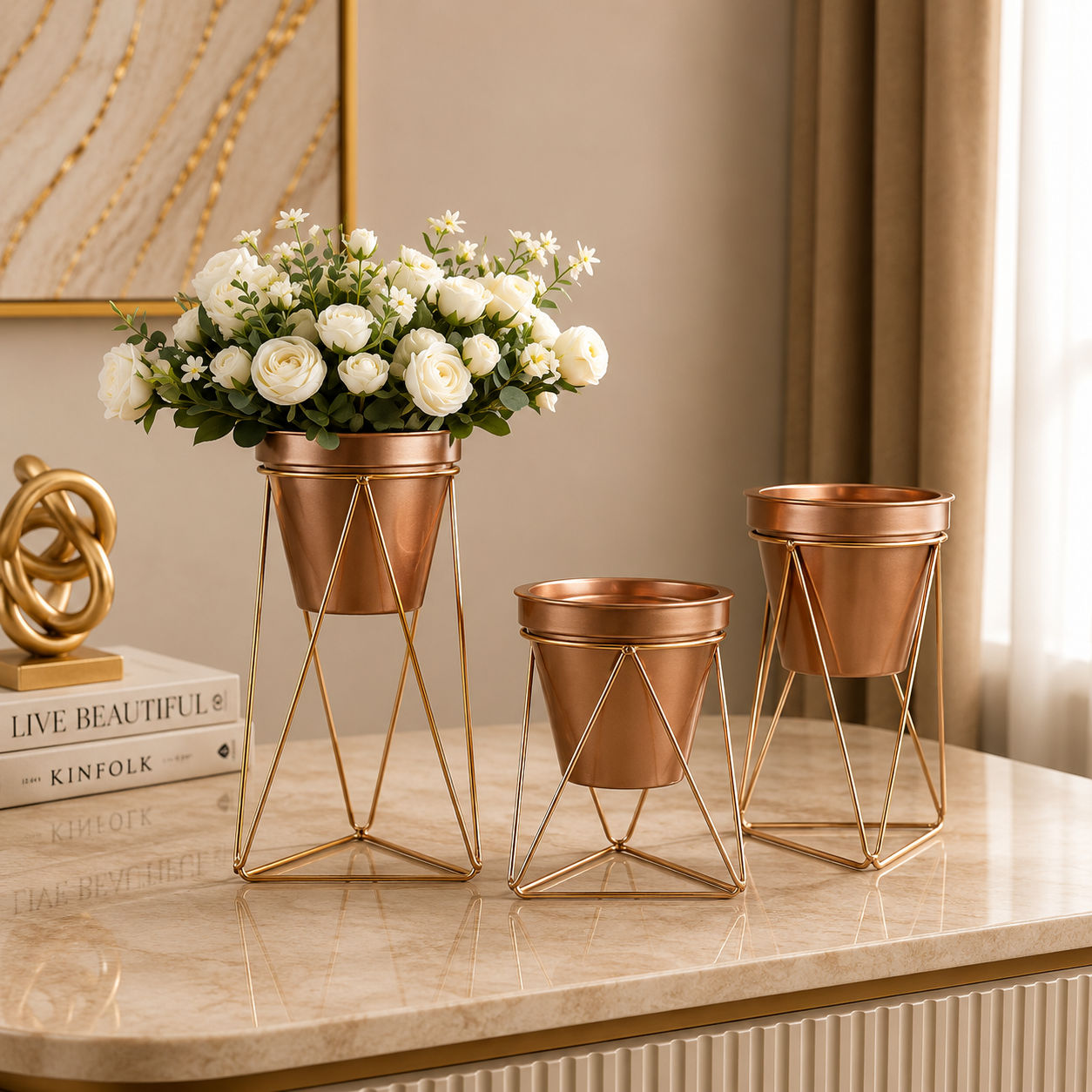 Luxury Copper Metal Planter Stand Set of 3 – Modern Geometric Decorative Plant Holders for Home & Office