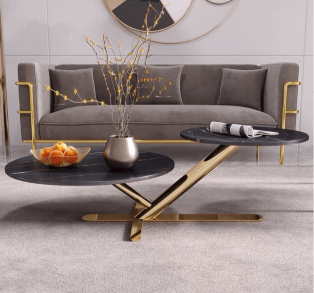 Luxury Nesting Coffee Table Set of 2 – Black Marble Top with Gold Stainless Steel Frame | Modern Living Room Center Tables Dual-Top Designer Center Table (Dutch Style)