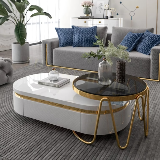 Modern Nesting Center Table Set with Storage Drawer, Marble Top & Stainless Steel PVD Gold Frame – Luxury Coffee Table for Living Room