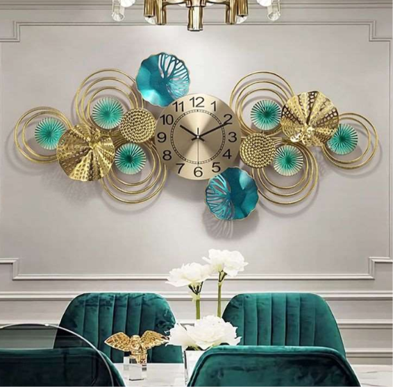 Luxe Floral Metal Wall Clock – Gold & Teal Designer Statement Timepiece