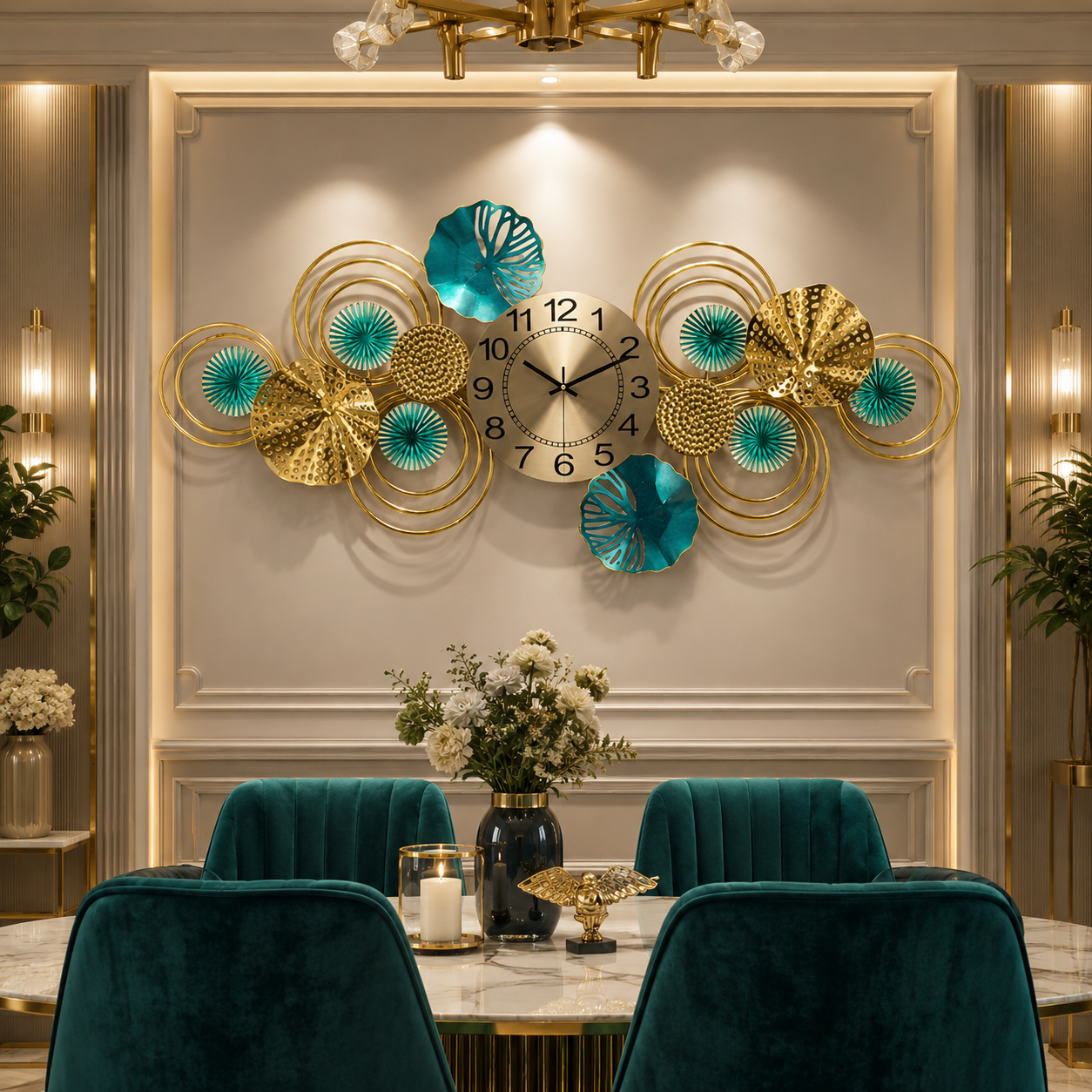 Luxe Floral Metal Wall Clock – Gold & Teal Designer Statement Timepiece