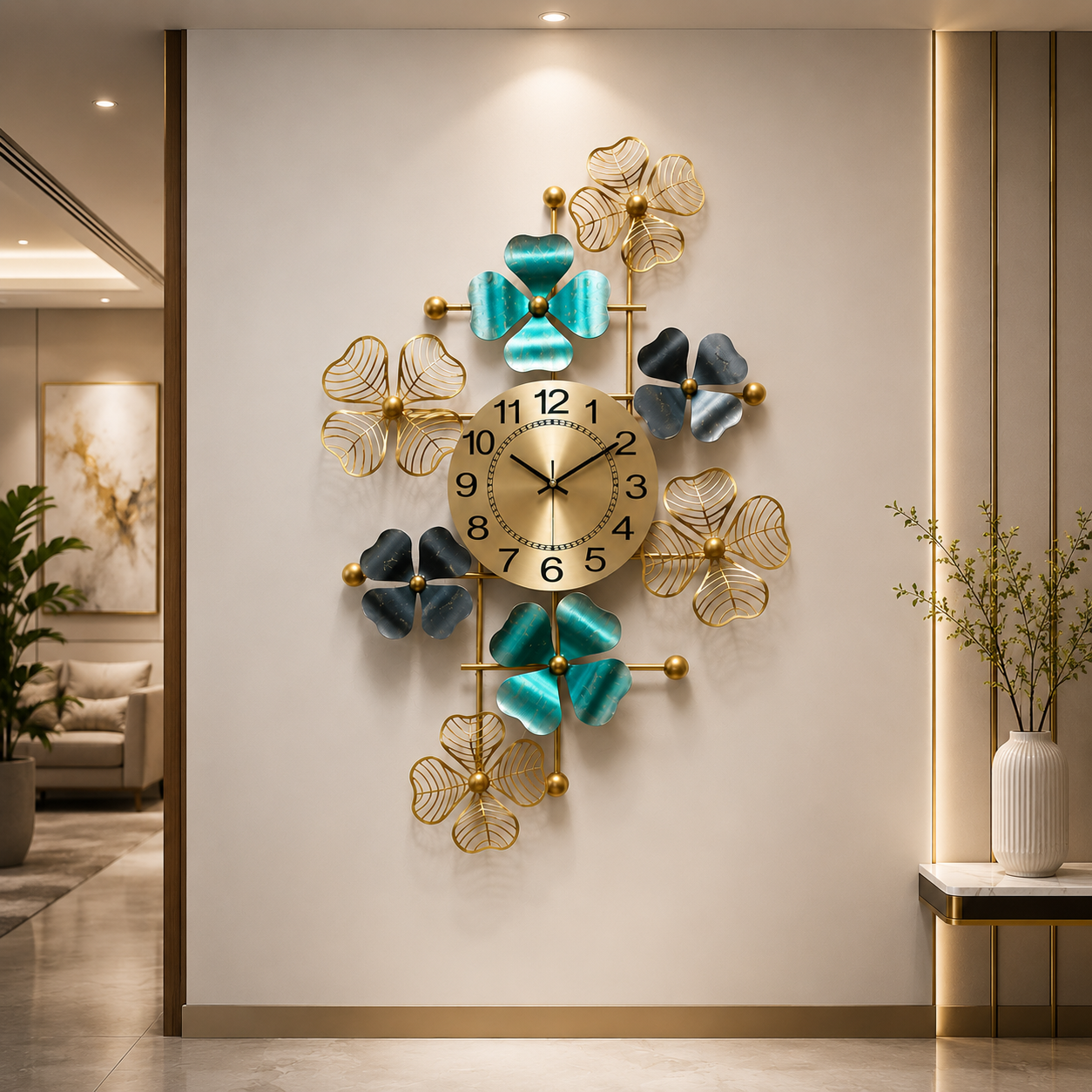 Bloom Luxury Metal Wall Clock – Gold & Teal Floral Designer Statement Timepiece