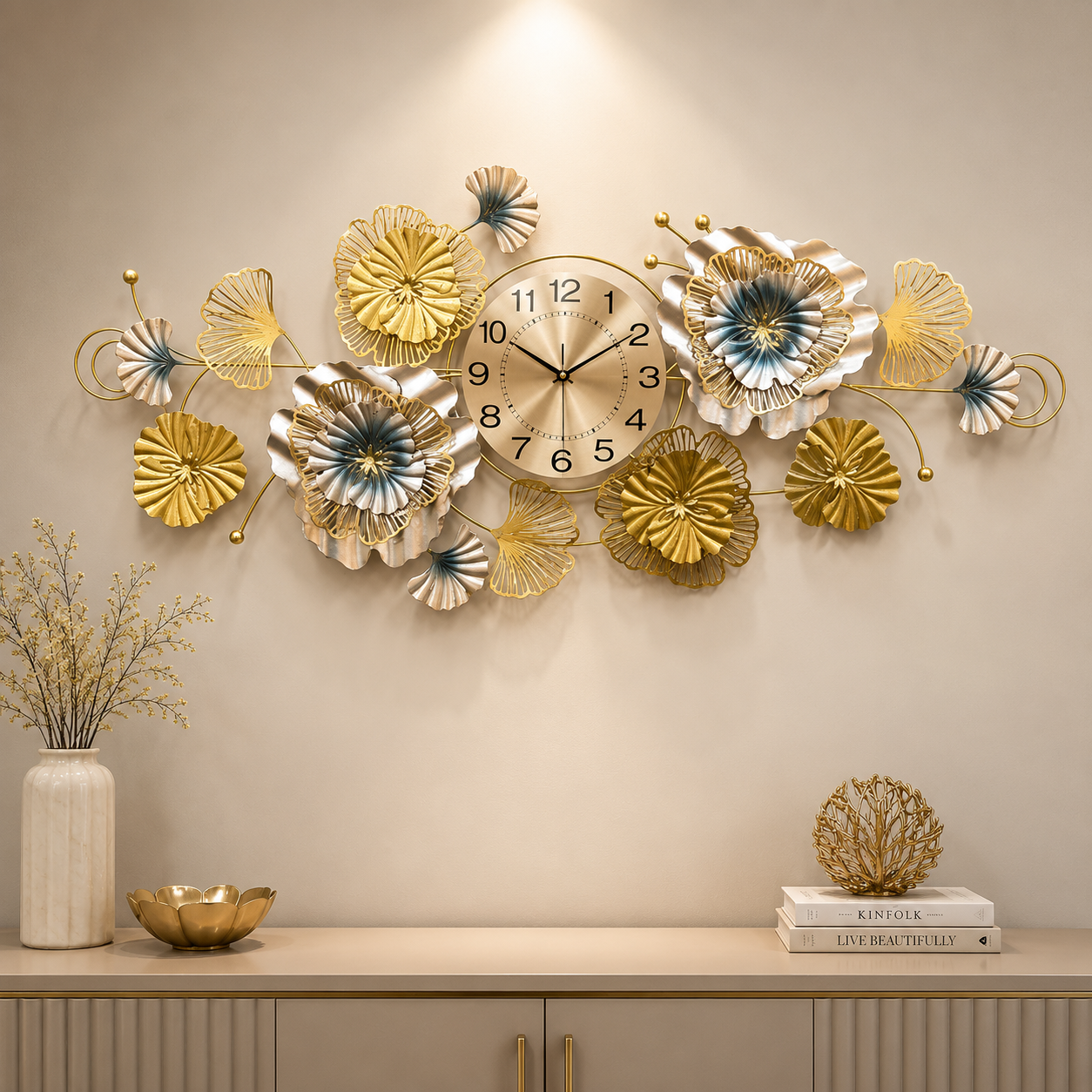 Royale Luxury Floral Metal Wall Clock – Gold & Silver Designer Statement Timepiece