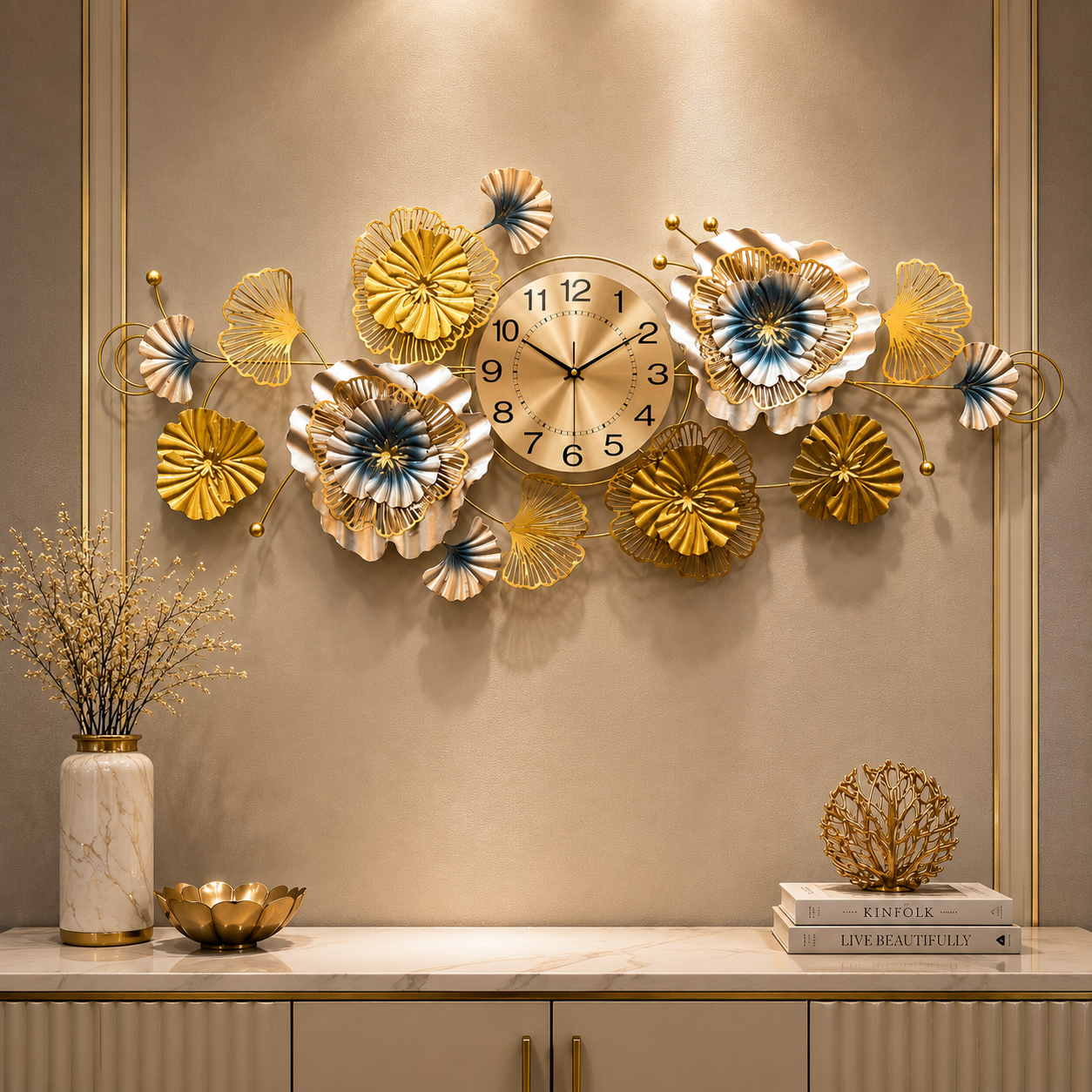 Royale Luxury Floral Metal Wall Clock – Gold & Silver Designer Statement Timepiece