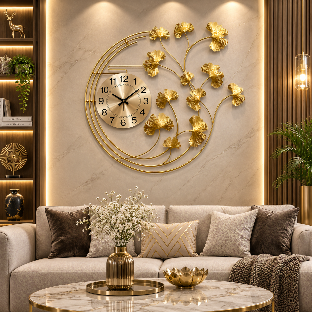 Ginkgo Royale Luxury Metal Wall Clock – Golden Botanical Designer Statement Timepiece