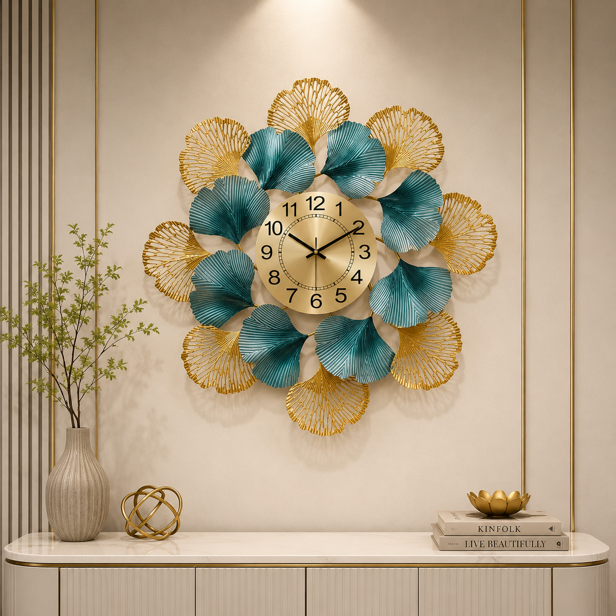 Emerald Ginkgo Luxe Metal Wall Clock – Botanical Gold Designer Statement Timepiece