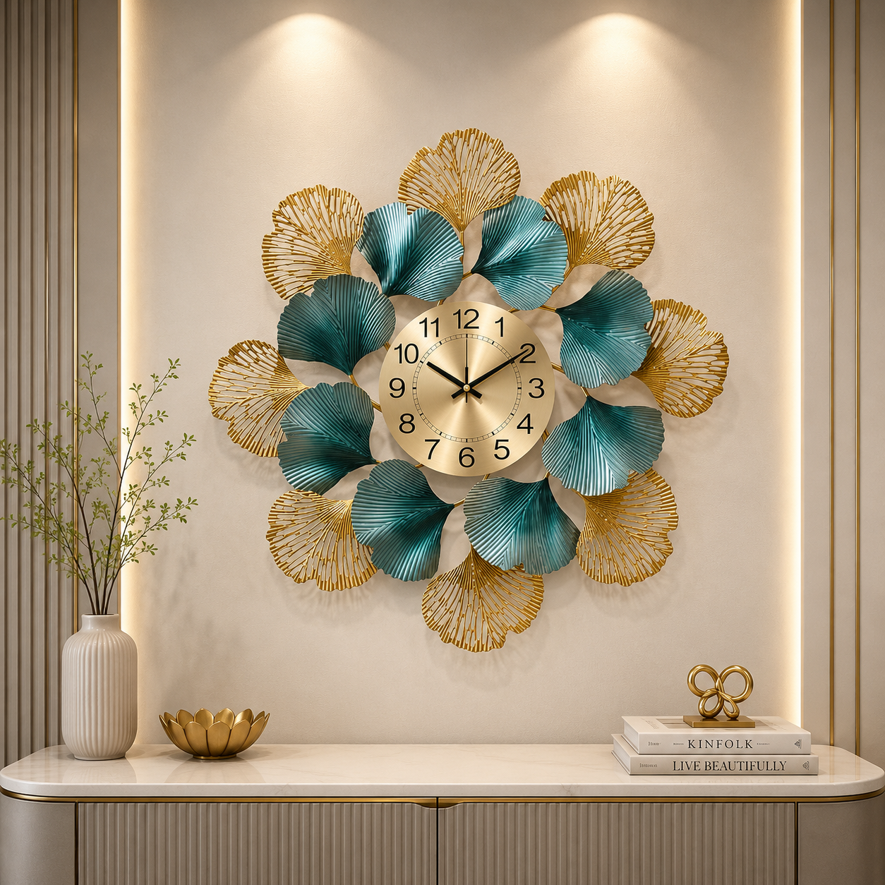 Emerald Ginkgo Luxe Metal Wall Clock – Botanical Gold Designer Statement Timepiece