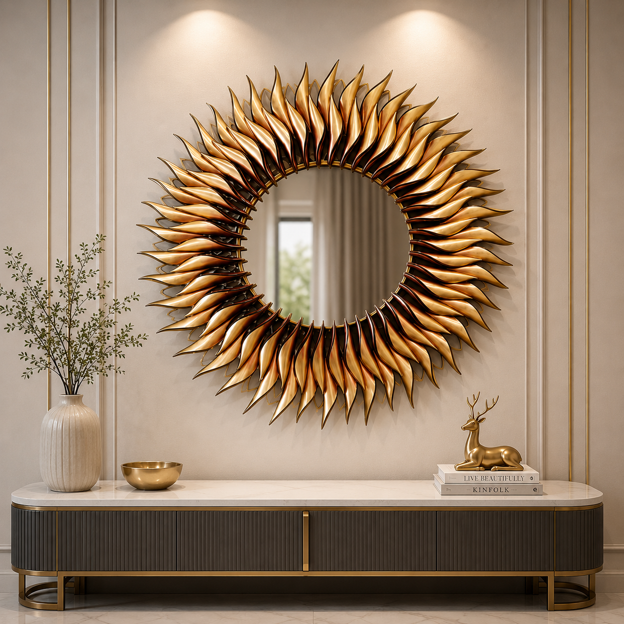 Solar Eclipse Luxury Sunburst Wall Mirror – Handcrafted Gold Designer Statement Décor