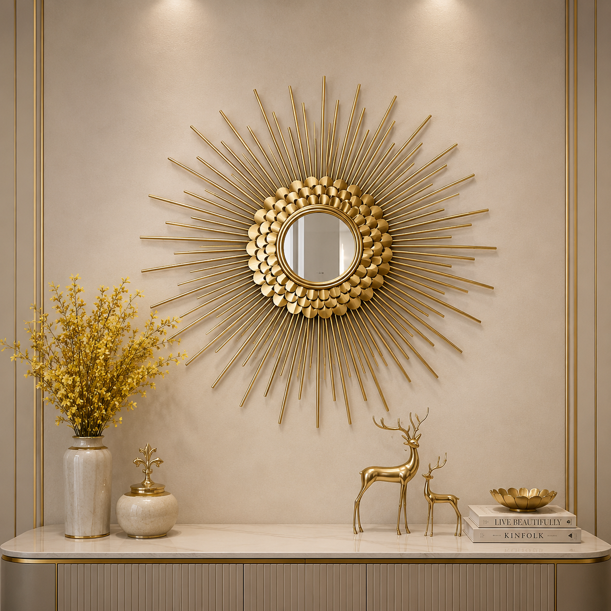 Radiant Sunburst Luxury Wall Mirror – Handcrafted Gold Designer Statement Mirror