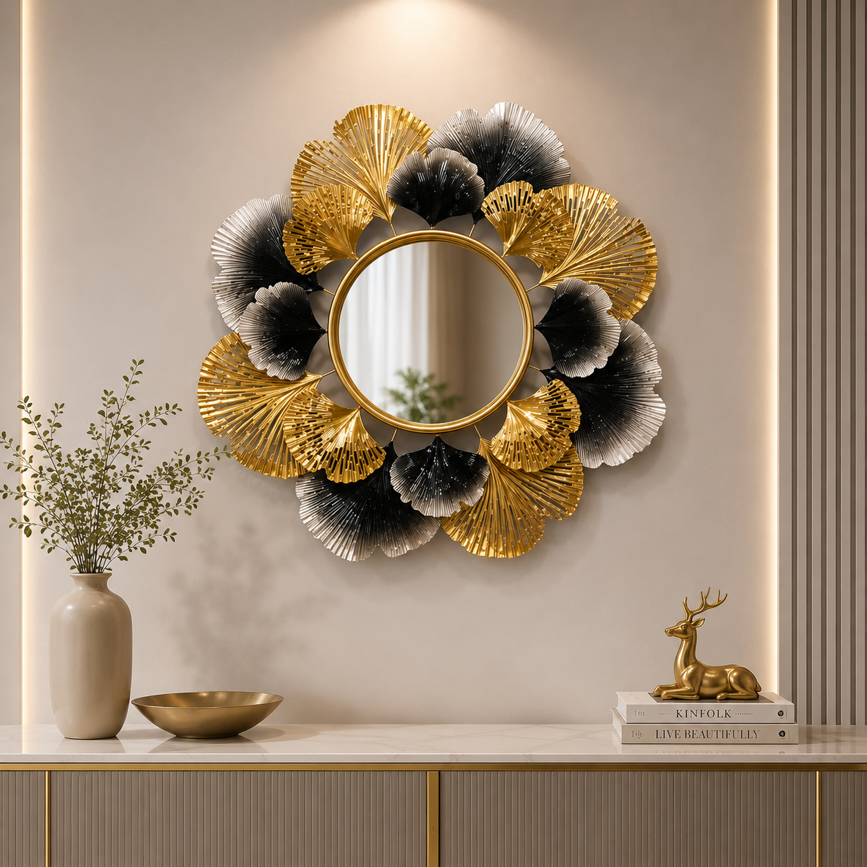 Royal Noir & Gold Ginkgo Designer Wall Mirror – Luxury Floral Metal Statement Décor