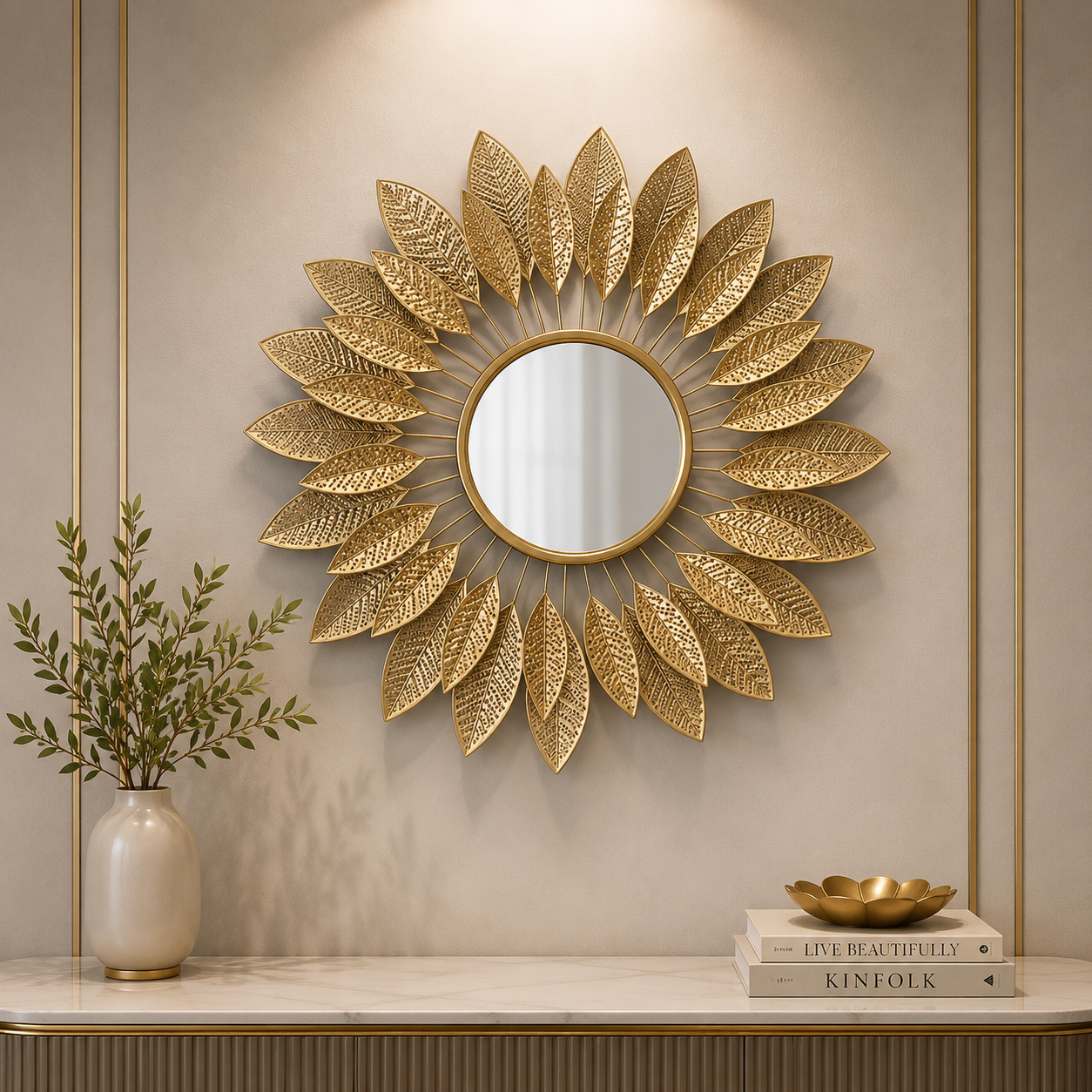 Golden Laurel Sunburst Luxury Wall Mirror – Handcrafted Designer Metal Statement Décor