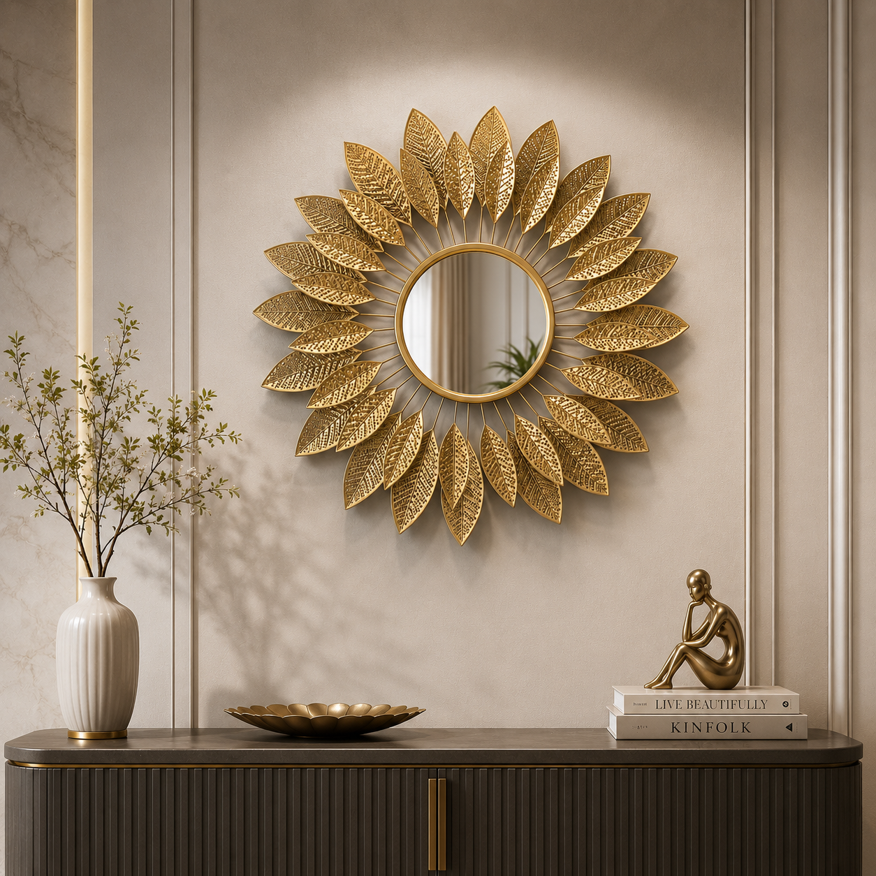 Golden Laurel Sunburst Luxury Wall Mirror – Handcrafted Designer Metal Statement Décor