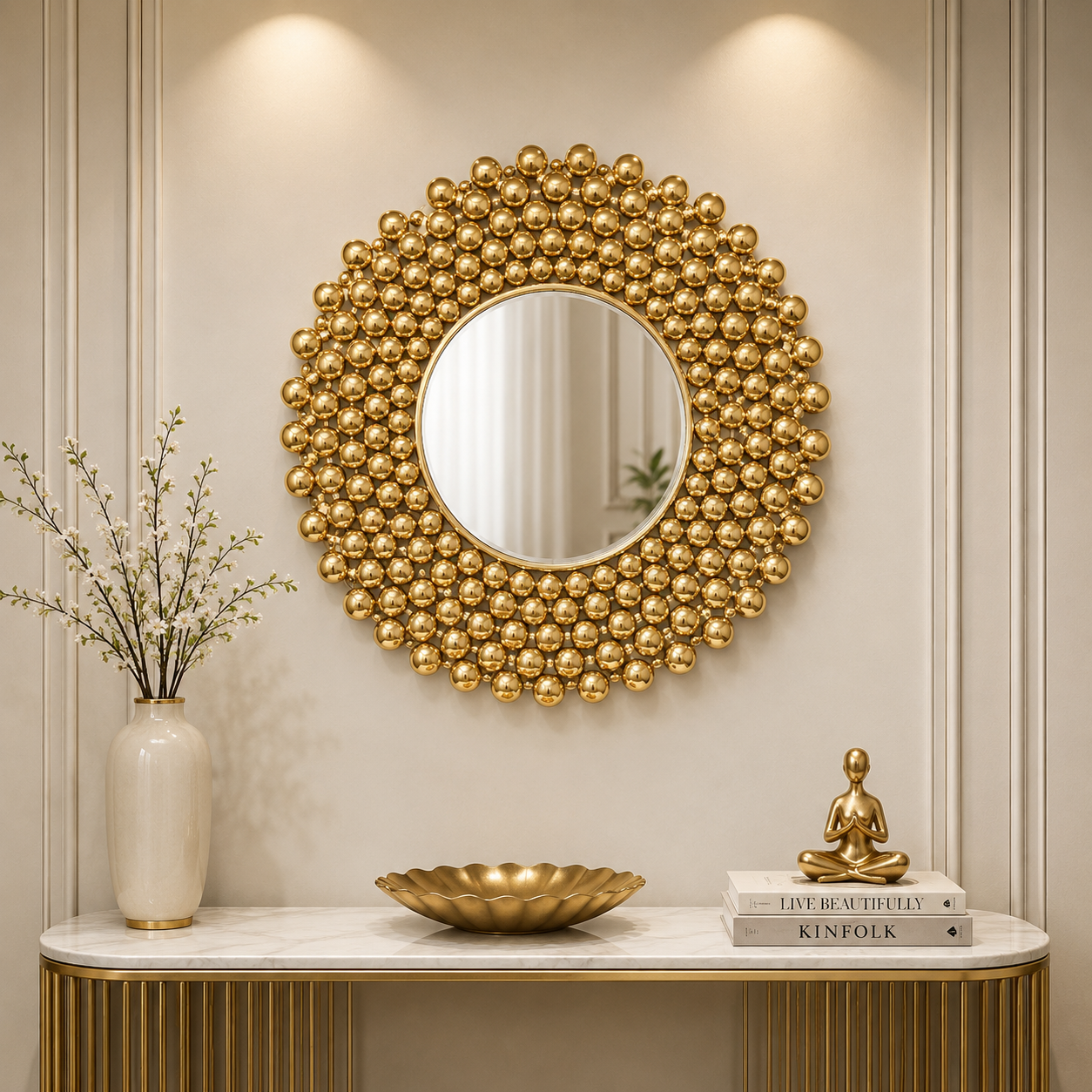 Royal Golden Beaded Luxury Wall Mirror – Handcrafted Designer Round Statement Décor