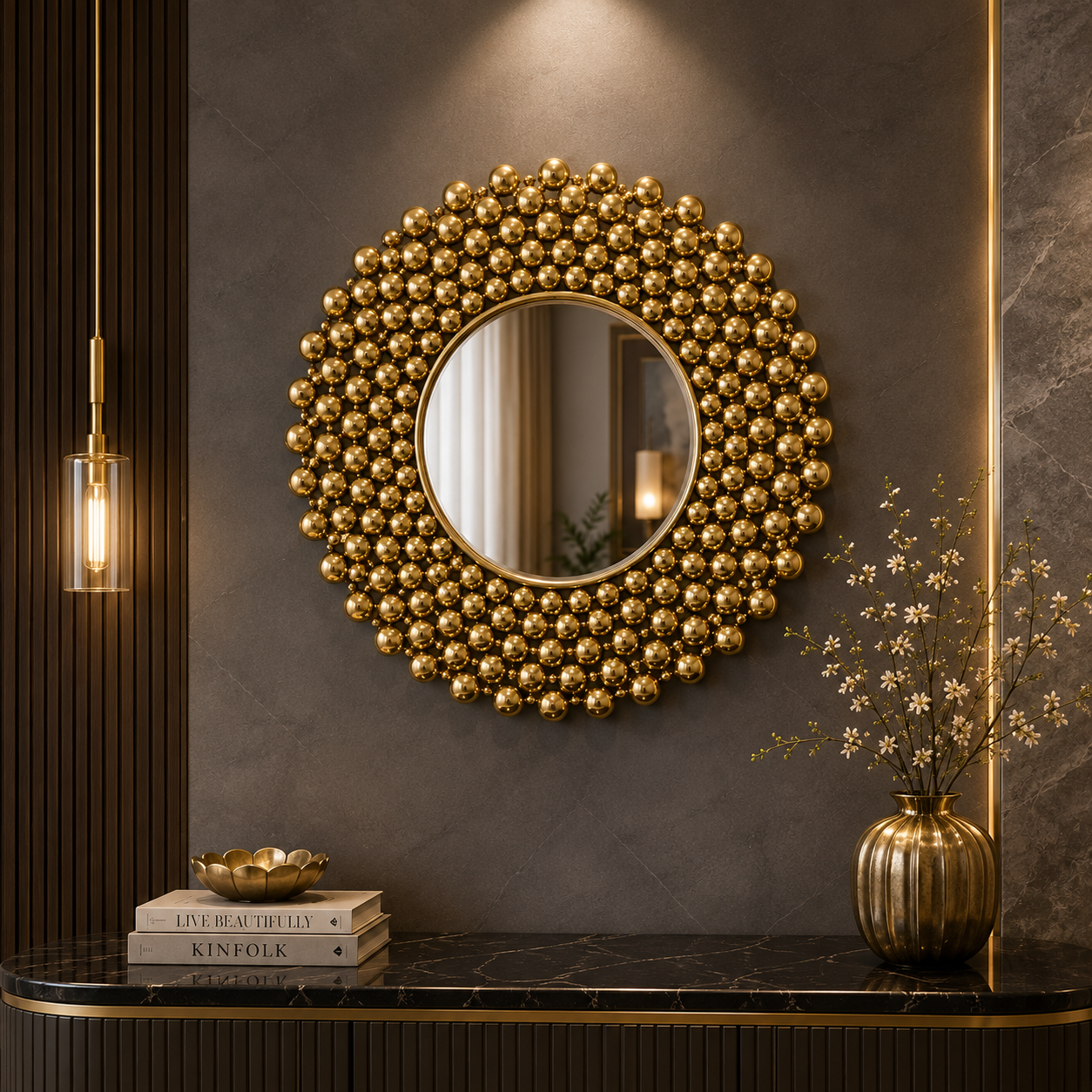 Royal Golden Beaded Luxury Wall Mirror – Handcrafted Designer Round Statement Décor