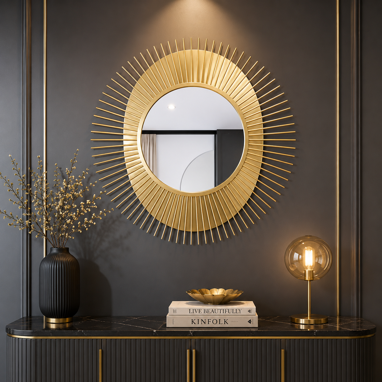 Radiant Sunburst Luxury Wall Mirror – Handcrafted Gold Designer Statement Mirror