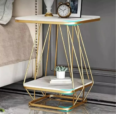 Luxury Modern Marble Top Side Table with Gold Geometric Metal Frame | 2-Tier End Table for Living Room, Bedroom & Office