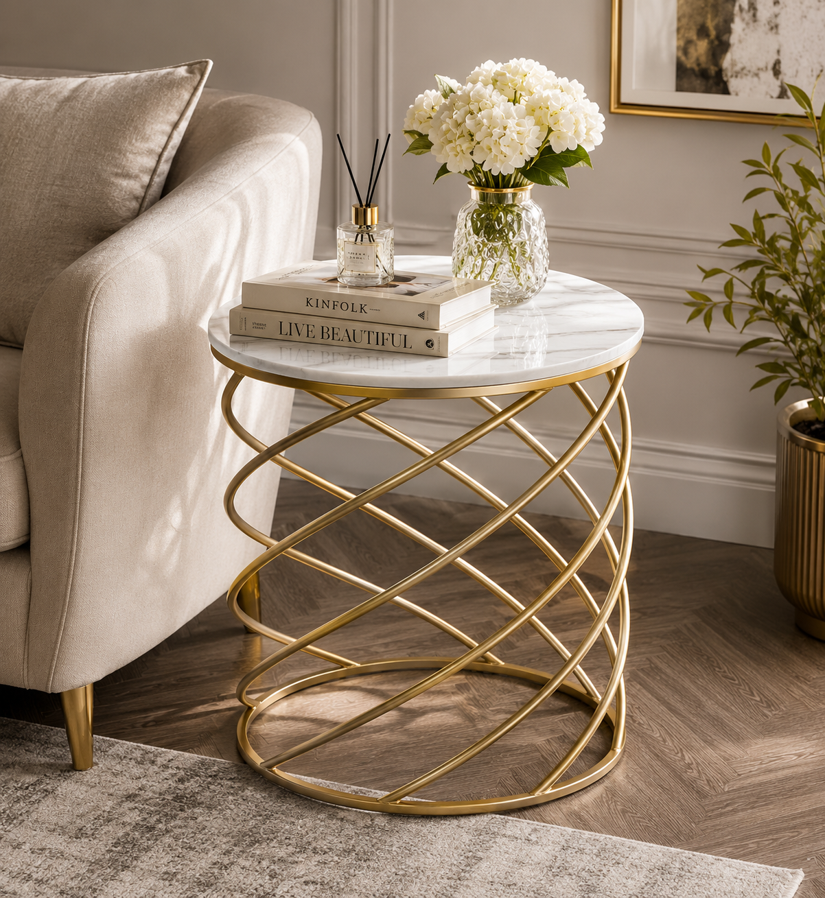 Luxury Round Marble Top Side Table with Gold Spiral Metal Frame | Modern Accent End Table