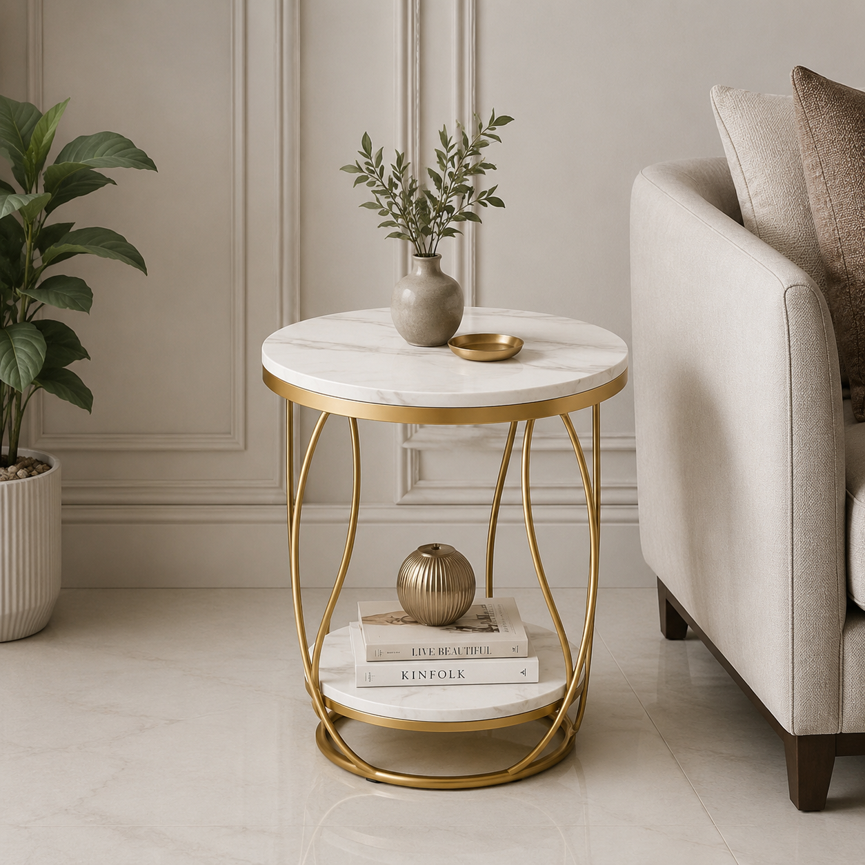 Luxe Marble Gold Round Side Table | Modern Luxury Accent End Table