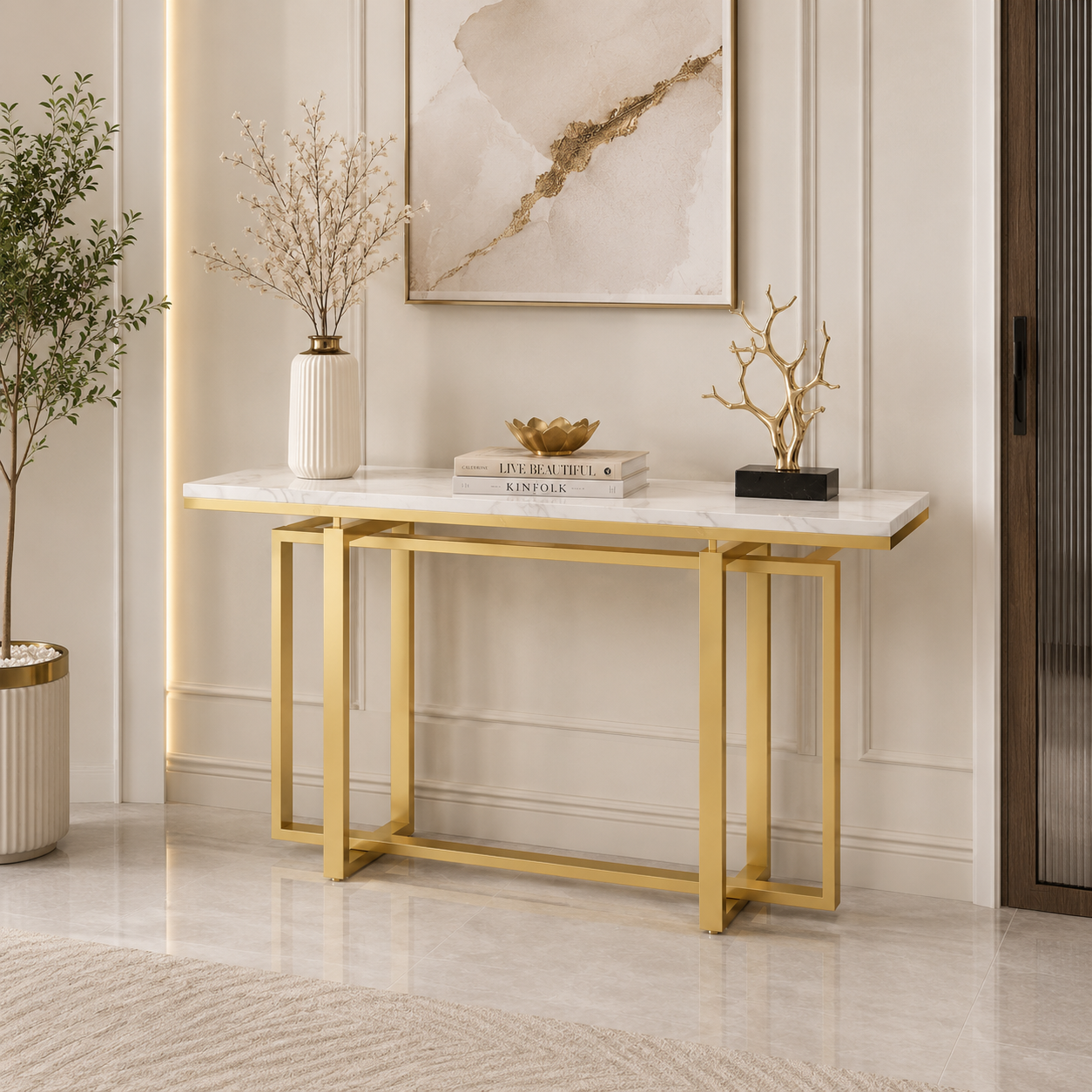 Celestia Marble Console Table | Luxury Gold Designer Entryway Console