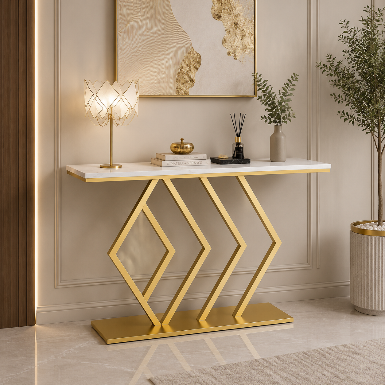 Geometric Marble Console Table | Luxury Gold Entryway & Sofa Accent Console