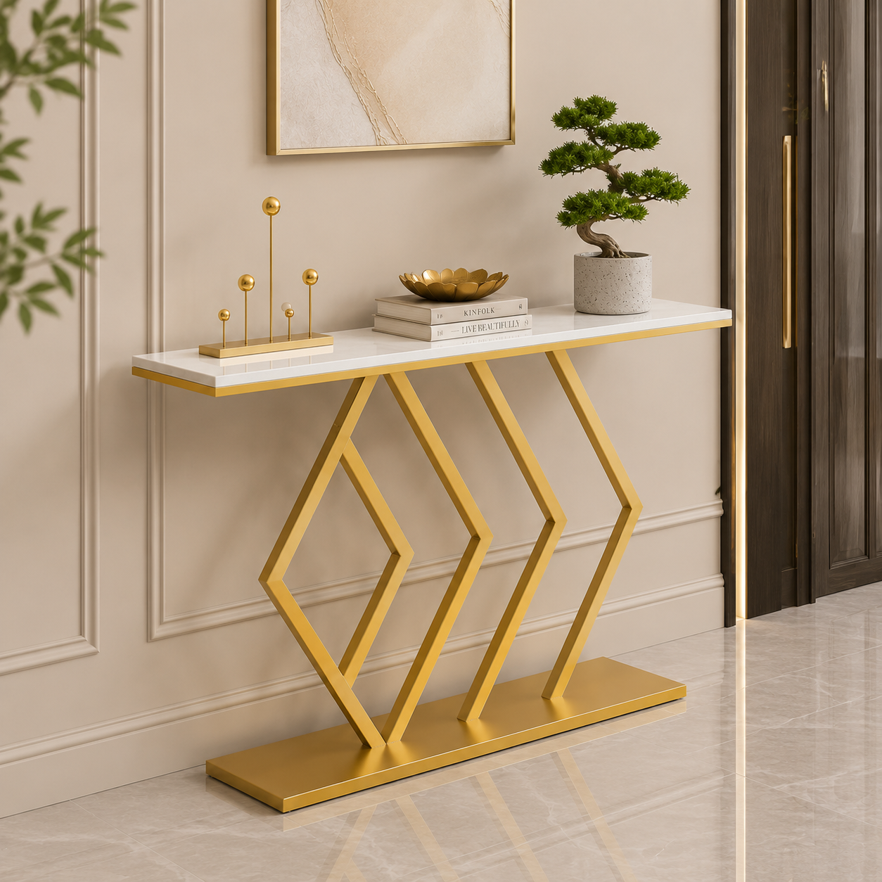 Geometric Marble Console Table | Luxury Gold Entryway & Sofa Accent Console