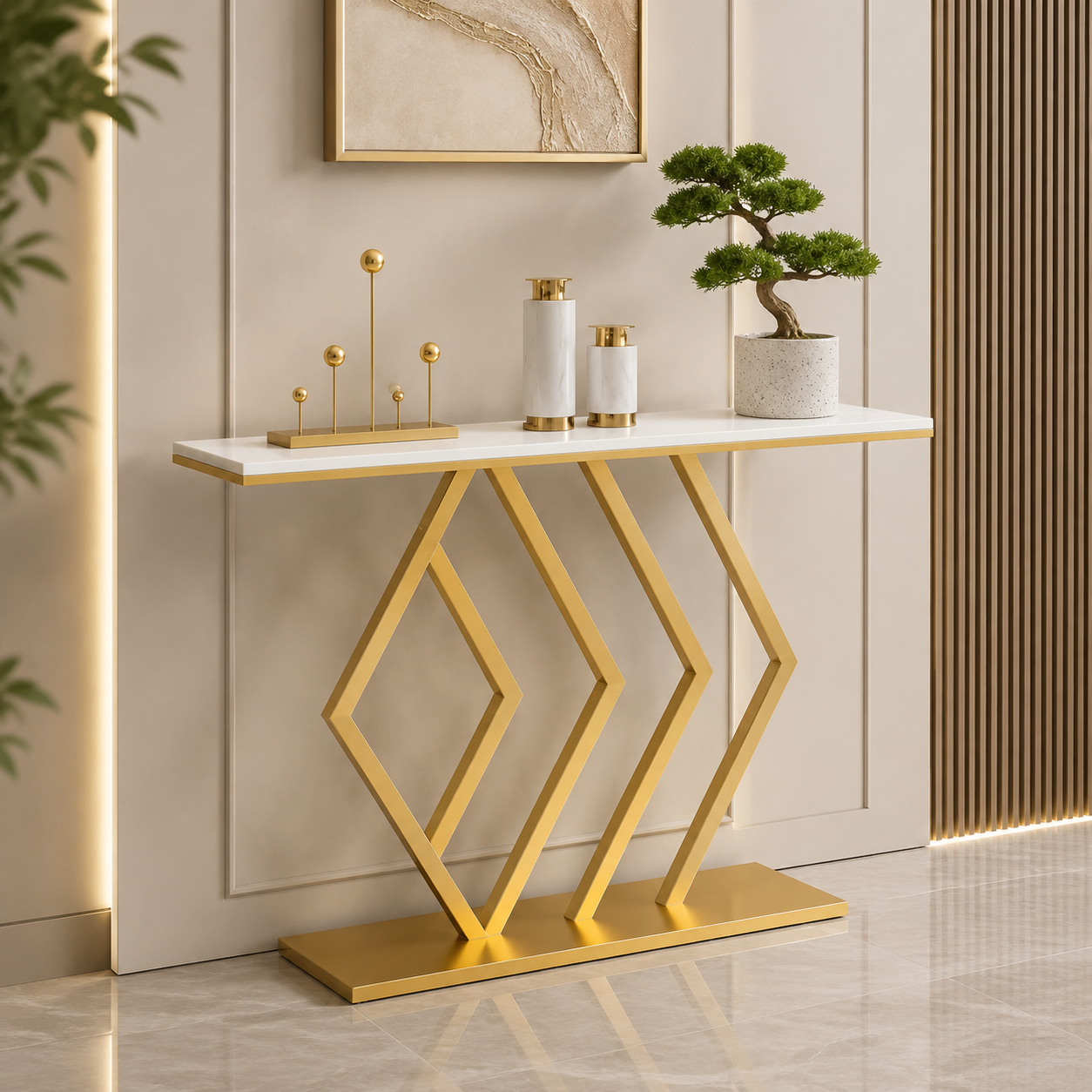 Geometric Marble Console Table | Luxury Gold Entryway & Sofa Accent Console
