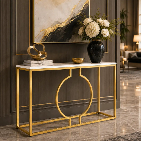 Luxury Gold Circular Frame Entryway Console | Celestia Marble Console Table