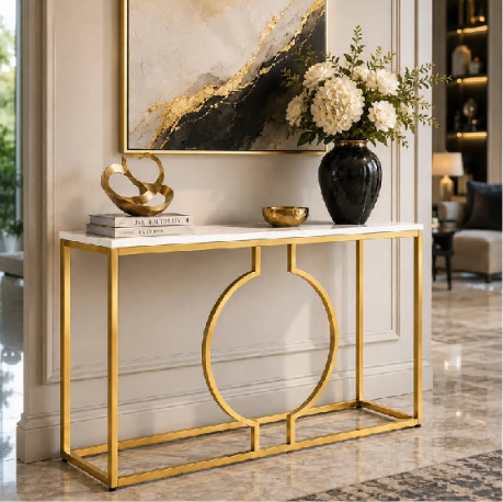 Luxury Gold Circular Frame Entryway Console | Celestia Marble Console Table