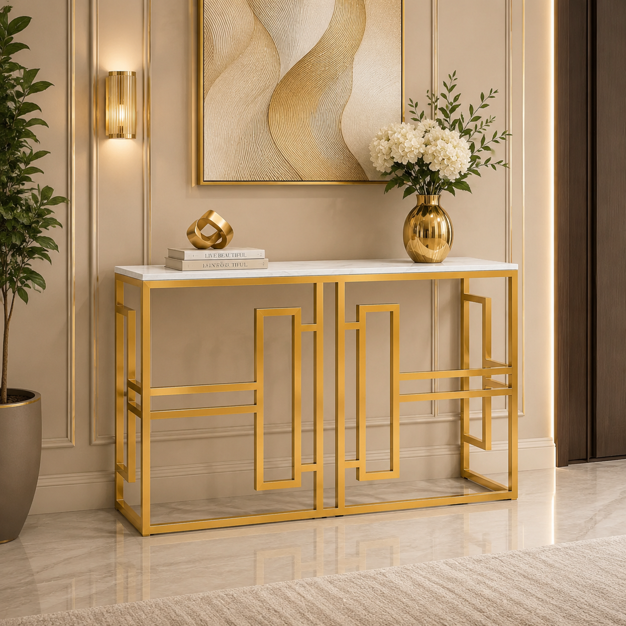 Aurora Luxe Marble Console Table | Premium Gold Geometric Entryway & Sofa Console