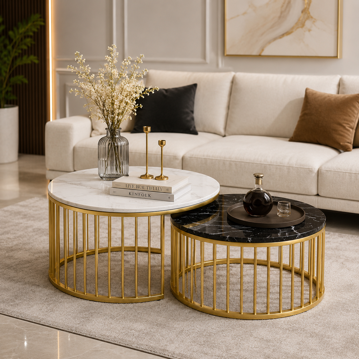 Luxe Nesting Coffee Table Set | Premium Marble Top Gold Round Center Tables (Set of 2)