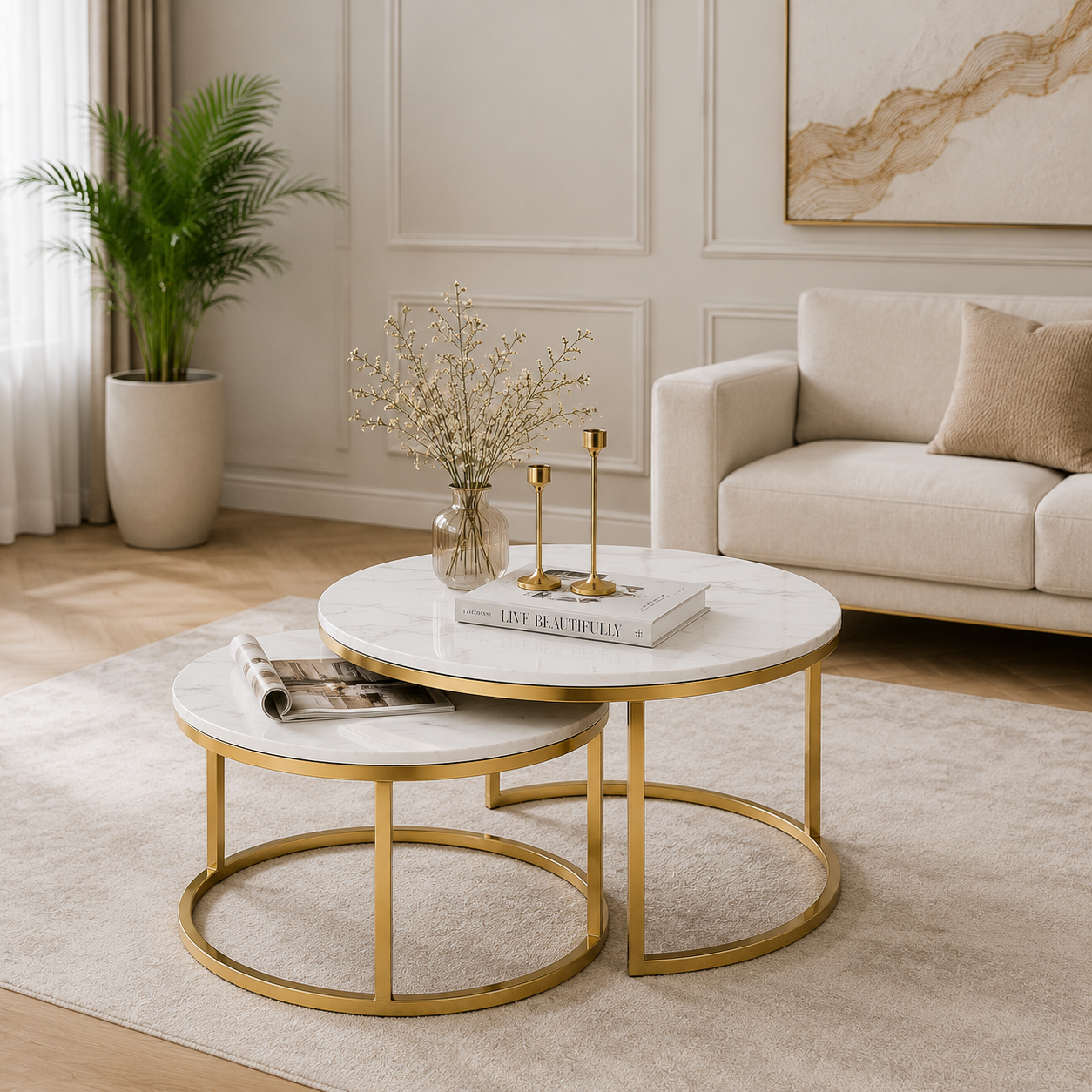 Luxe Nesting Coffee Table Set | Premium Marble Top Gold Round Center Tables (Set of 2)