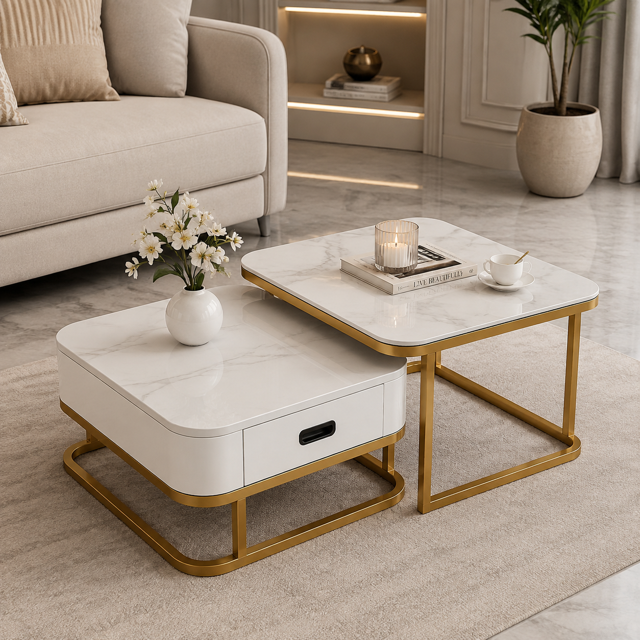 LuxeNova Nesting Coffee Table Set | Premium Marble Top Coffee Tables with Storage (Set of 2)
