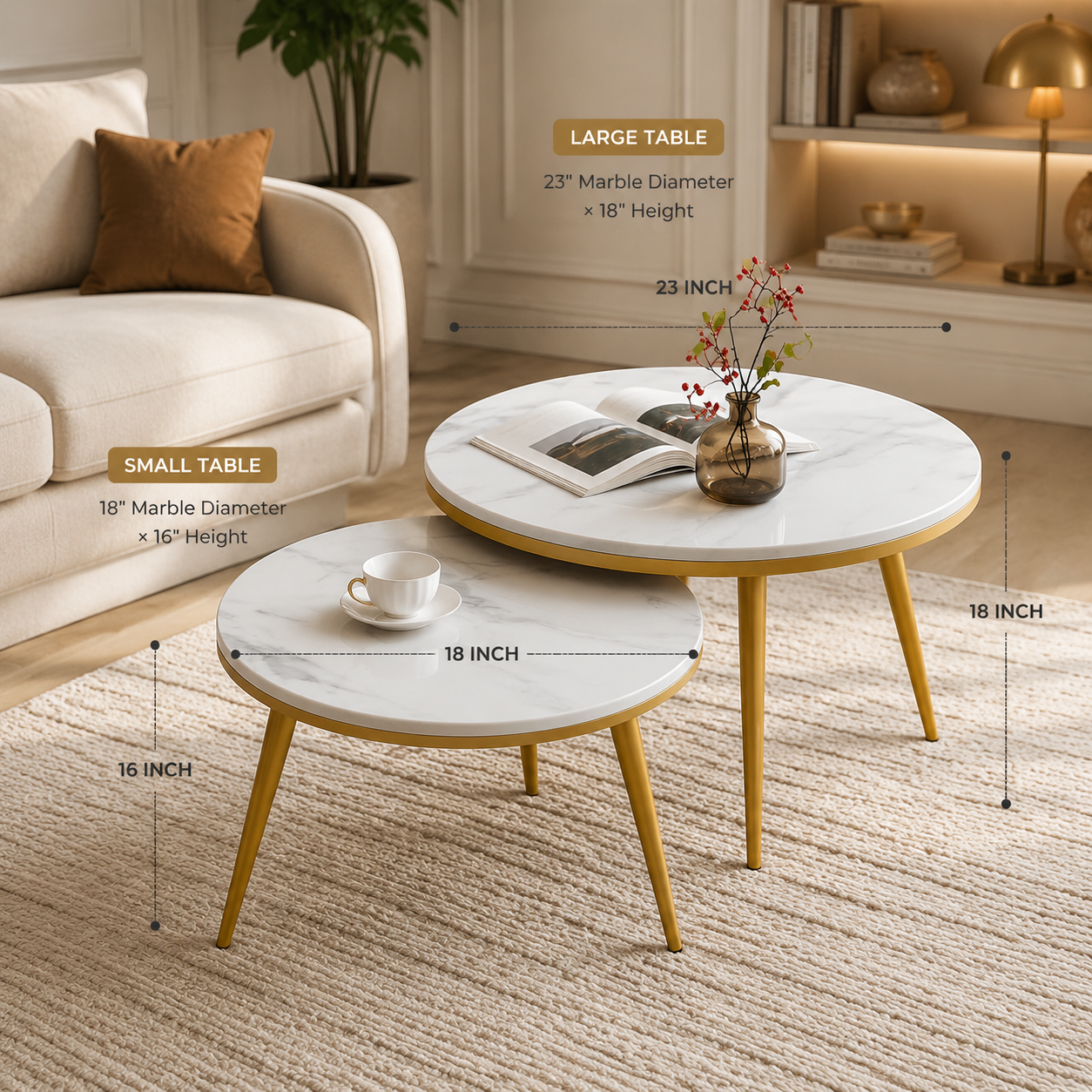 Aurélo Nesting Coffee Table Set | Premium Marble Top Round Coffee Tables (Set of 2)