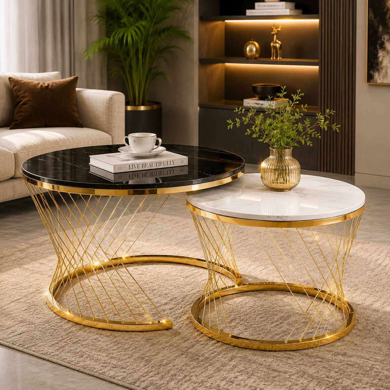 Aurora Luxe Marble Nesting Coffee Table Set | Premium Gold Metal Coffee Tables (Set of 2)